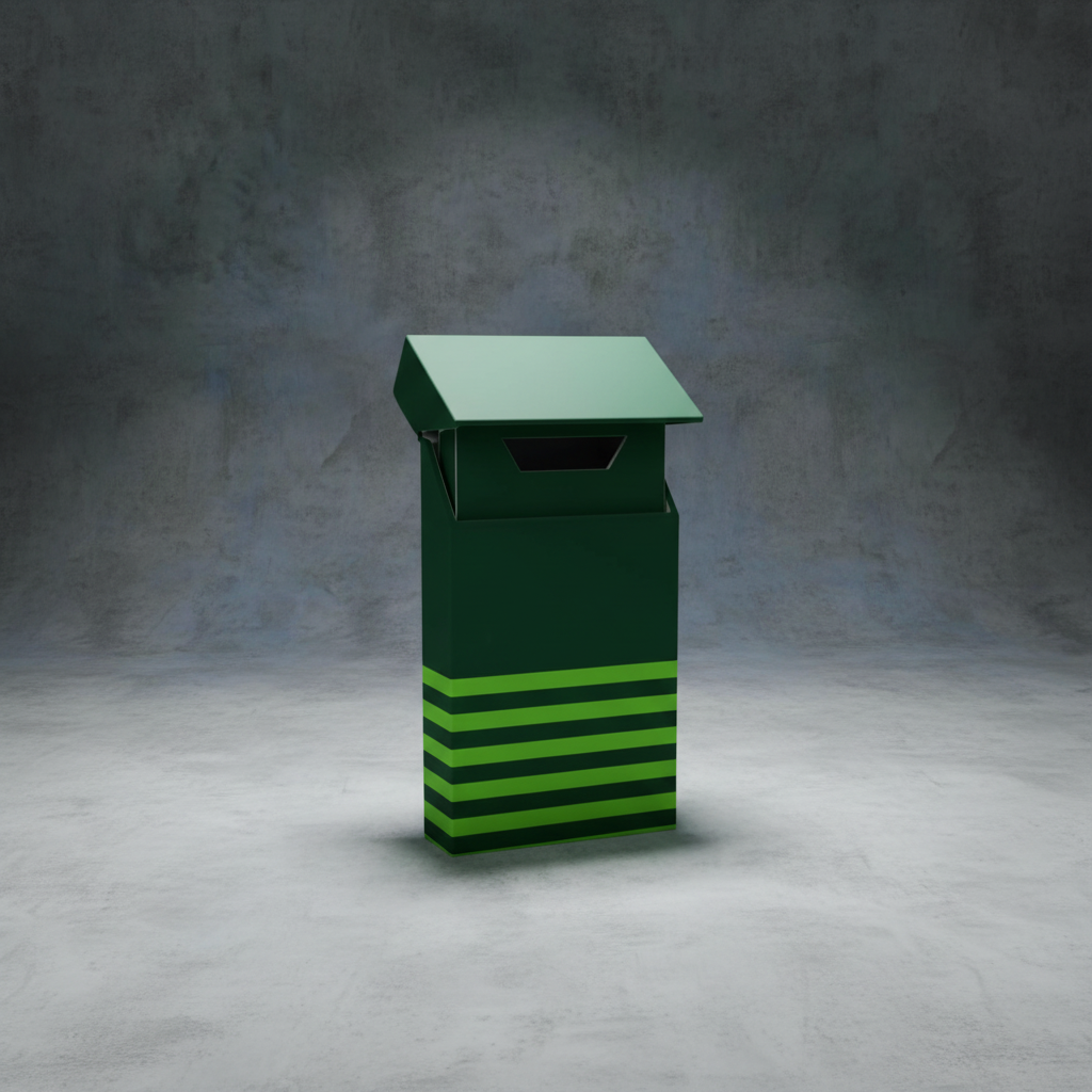 High-quality cigarette-style flip-top child-resistant cannabis packaging box photographed from multiple angles, featuring a hinged lid, secure Certified CannaSeals locking mechanism, and custom branded paperboard construction. Images show the box closed and opened to reveal the interior tray insert designed to hold pre-roll multipacks and slim devices, highlighting compliant safety features, structured durability, and retail-ready shelf presentation.