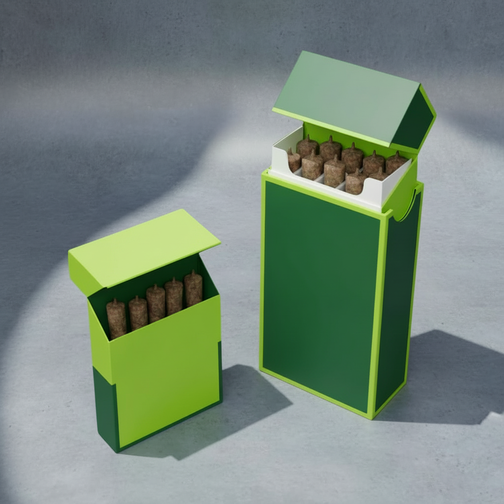 High-quality cigarette-style flip-top child-resistant cannabis packaging box photographed from multiple angles, featuring a hinged lid, secure Certified CannaSeals locking mechanism, and custom branded paperboard construction. Images show the box closed and opened to reveal the interior tray insert designed to hold pre-roll multipacks and slim devices, highlighting compliant safety features, structured durability, and retail-ready shelf presentation.