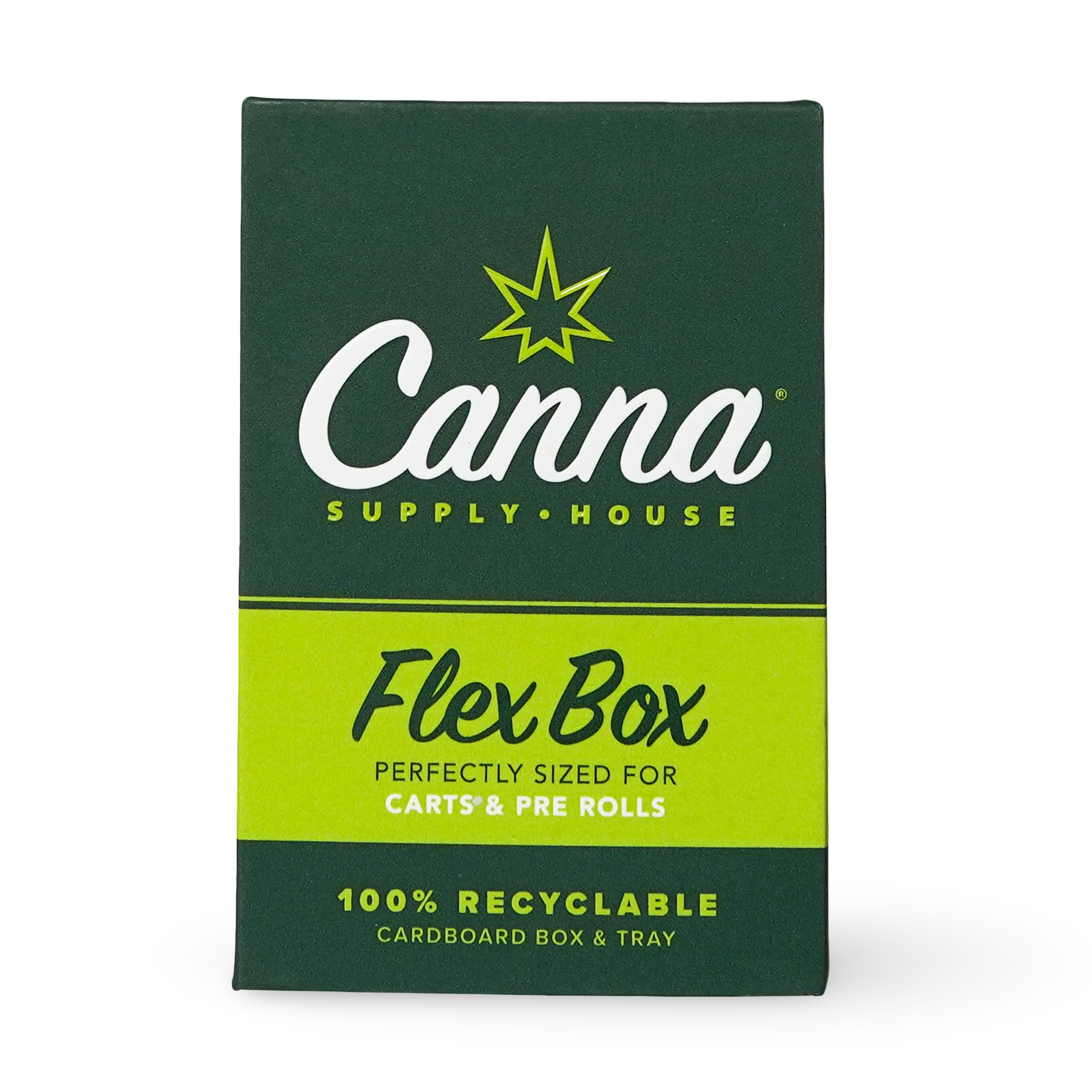 Child-resistant cannabis flex box packaging designed for pre-rolls, vape pens, and vape cartridges, featuring durable construction and customizable branding.