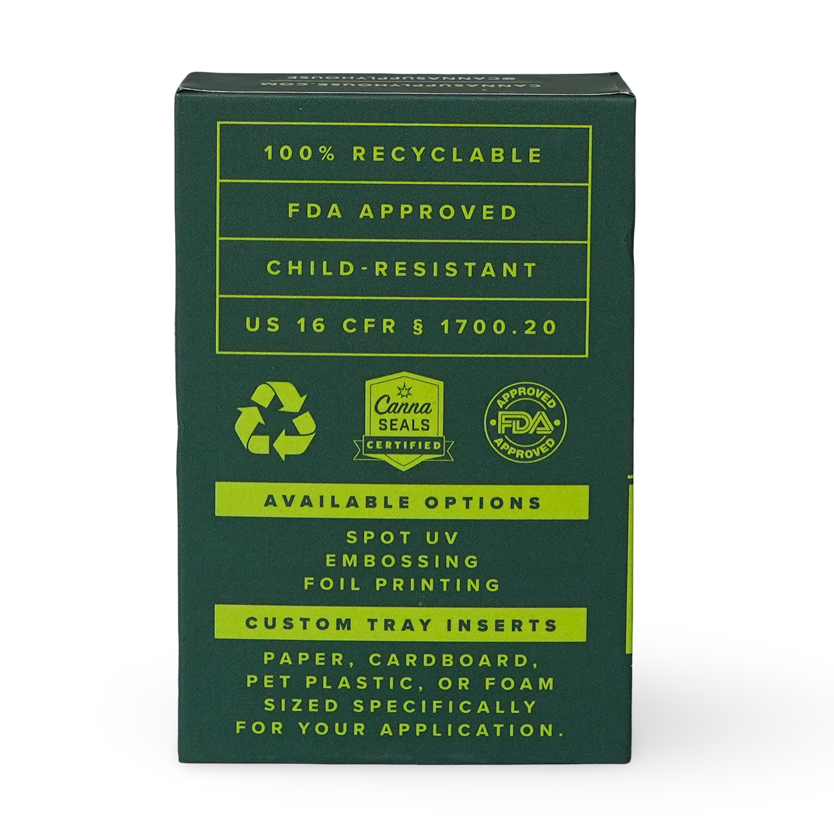 Child-resistant cannabis flex box packaging designed for pre-rolls, vape pens, and vape cartridges, featuring durable construction and customizable branding.
