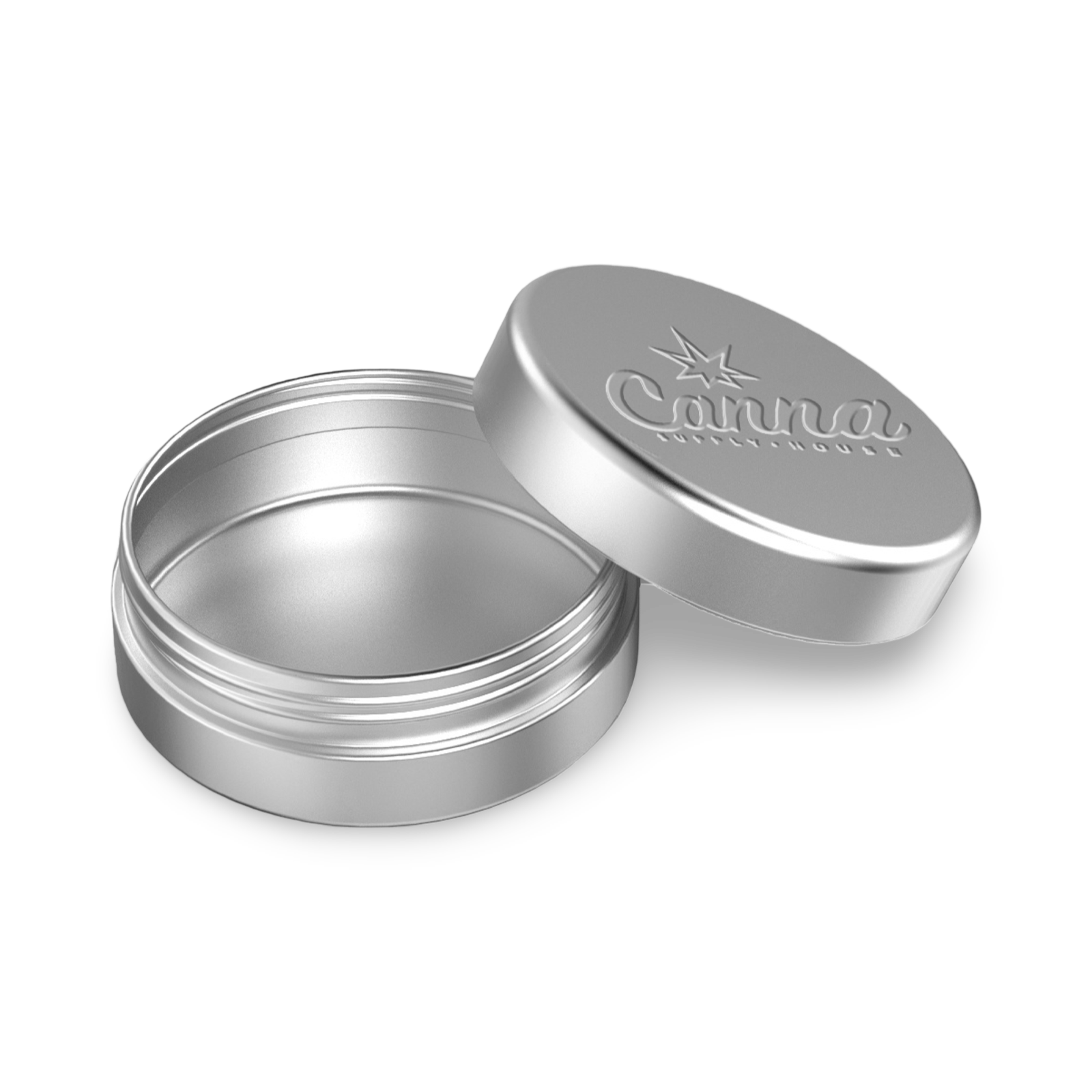 child-resistant round cannabis tins with dual-button safety lid and fully brandable exterior—premium, compliant packaging available in multiple sizes with optional custom inserts for vape cartridges, syringes, and more.